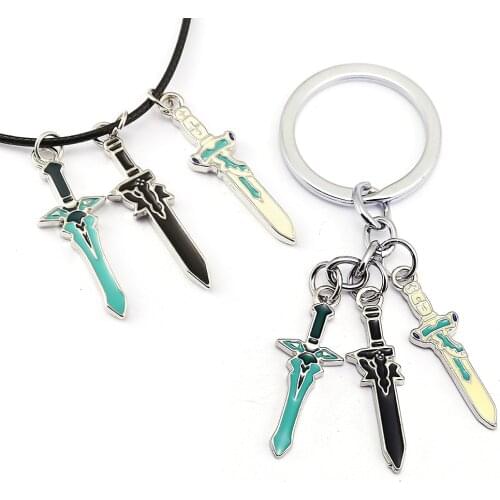 Anime Sword Art Online Keychains Necklace Kirigaya Kazuto Kirito Elucidator Asuna Sword Metal Keyrings Neckalces Pendants Figure