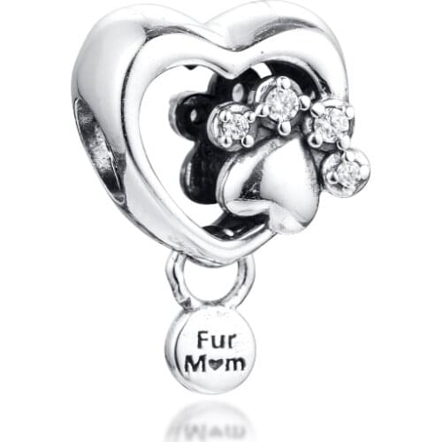 925 Sterling Silver Sparkling Paw Print & Heart Charm Beads Fits Pandora Bracelets for Women DIY Making 2020 Newest berloques
