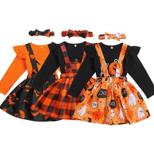 Fashion Girls Halloween Clothes Sets 3pcs Long Sleeve Cartoon Printed T Shirts Tops Suspender Skirt Headband Outfit