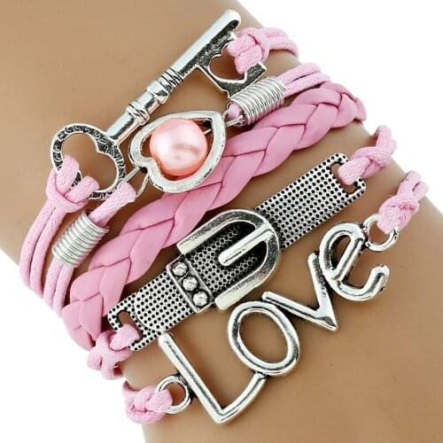 Gnova New Fashion Women Multilayer Pink Leather Paracord Bracelet Key Love Charm Woman Girls Teen