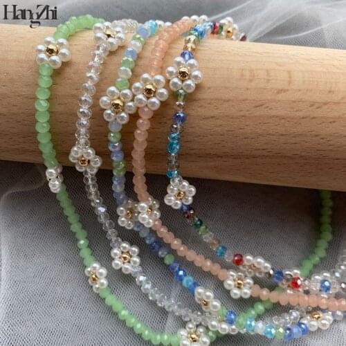 HangZhi 2021 New Korea Colorful Flowers Crystal Pearl Beaded Trendy Necklace Clavicle Chain for Women Summer Party Jewelry