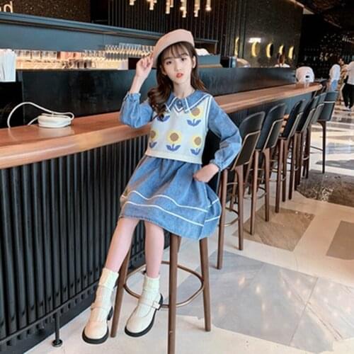 Kids Clothes Set Fashion Teen Girls Flower Knit Vest+Denim Dress Autumn Spring 2pcs Outfits Children Suit Costume 8 10 11 12 13Y