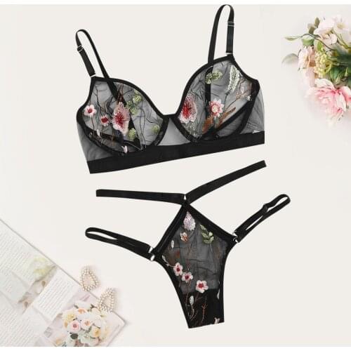 Flower Lace Embroidery Women Lingerie Set Transparent Sheer Mesh Bra Hollow Out Panties Underwear Set Lenceria Erotica Mujer