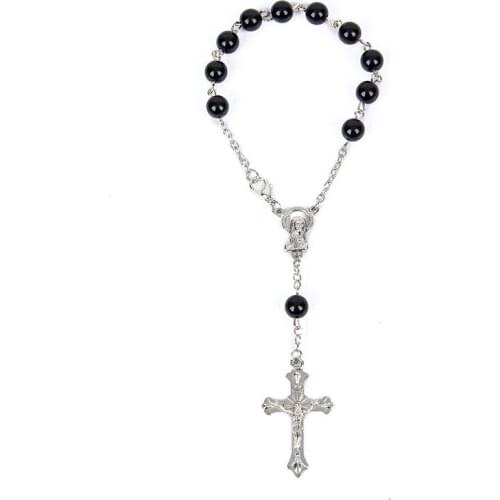 Christian Catholic Enamel Cross Jesus Bracelet Black Beads Rosary Bracelets St Benedict Connectors Jewelry Christmas Gifts