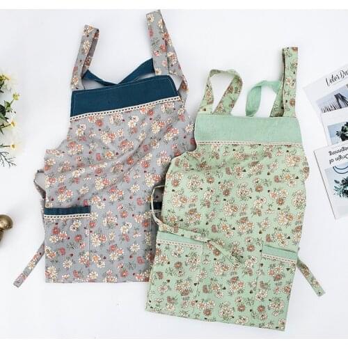 90*65cm Flower Pattern Cotton Pinafore Waterproof Oil-Proof Double Pocket Kitchen Aprons For Women Men House Cleaning Bib 46430