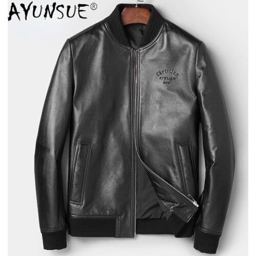 AYUNSUE 2021 Genuine Cowhide Leather Jackets Autumn Male Black Thin Coat Baseball Jacket Mens Clothing Chaquetas Hombre Gmm14