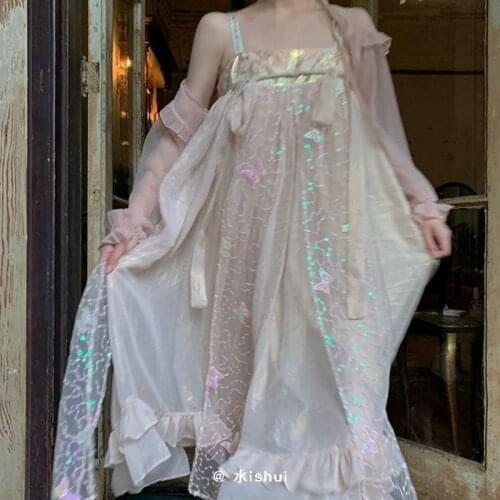 Summer Sweet Girl Chinese Style Harajuku Girls Hanfu Vintage Fairy Lace Dress Niche Design Mesh Patchwork Cute Lolita Girl Dress