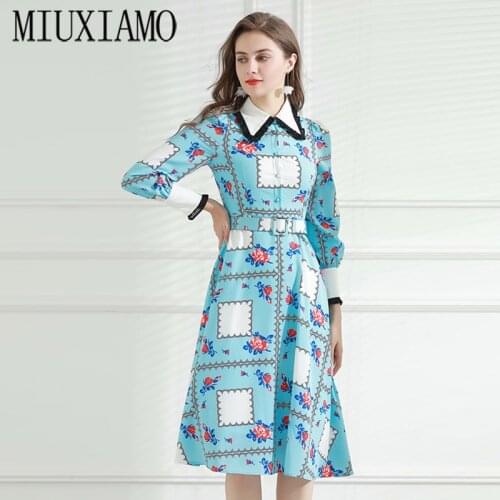 MIUXIMAO High Quailty 2020 Fall&Spring Full Sleeve Red Flower Print Vintage Mid-Calf Casual Long Dress Women Vestido With Belt