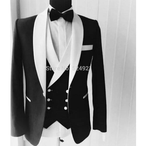 Custom Made Groomsmen Black Groom Tuxedos Shawl Ivory Lapel Men Suits Wedding Best Man Blazer ( Jacket+Pants+Tie+Vest ) C395