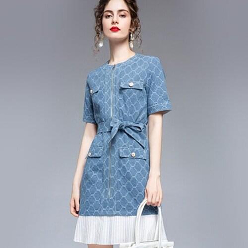 New Dress Women Summer 2021 Fashion Ladies All-match Short Sleeve Patchwork Pleated Plaid Belt Loose Denim Dress