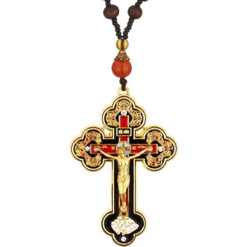 Orthodox Crucifix Jesus Cross Pendant Necklace Wooden Rosary Beaded Chain Necklace for Men Religious Prayer Jewelry Gift