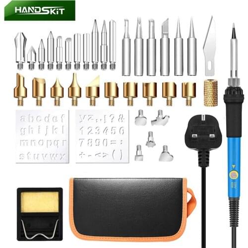 HANDSKIT 60W Adjustable Soldering Iron Kit Wood Burning Carving Pyrography Pen Set Welding Tips Wood Embossing Burning Tools