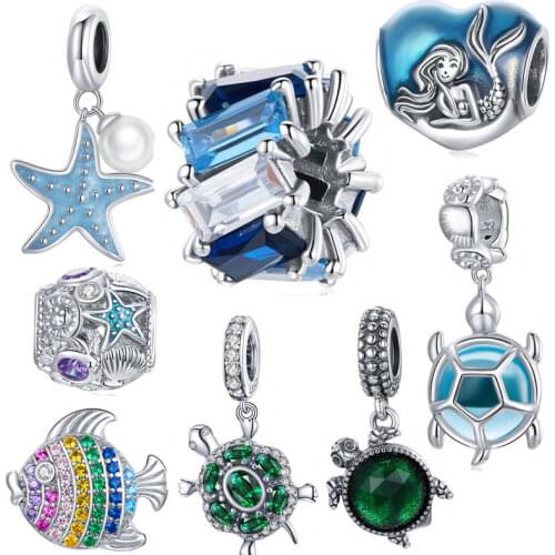 Genuine 100% 925 Sterling Silver Ocean Jewelry Mermaid Shell Pearl CZ Blue Turtle Starfish Charm Bead Fit Bracelet Pendant