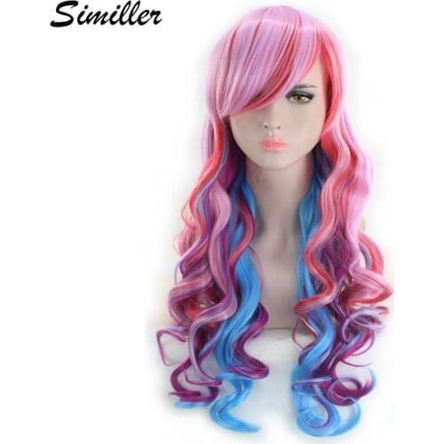 Similler Anime Cosplay Synthetic Wigs Long Curly Hair Multicolor Mixed Colors Pink Purple Blue Ombre Wig for Women
