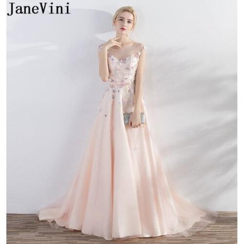 JaneVini Sexy Backless Satin Tulle Mother of the Bride Dresses for Wedding A Line Nude Pink Handmade Flowers Evening Party Dress