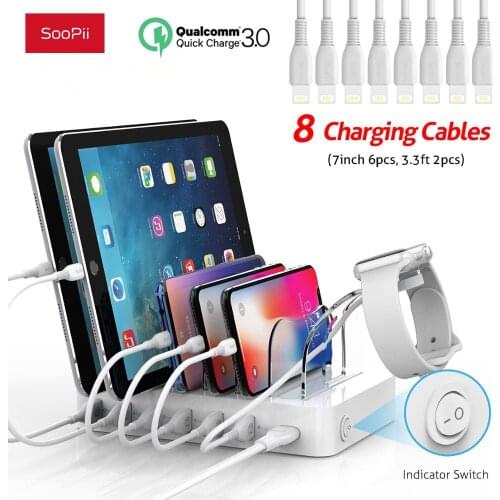 Soopii Quick Charge 3.0 60W/12A 6-Port USB Charging Station for Multiple Devices,Dock Station with 8 Cables for Iphone Included