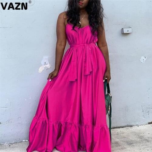 VAZN Special 2020 summer sexy lady 3 colors solid long ball gown dress spaghetti strap cascading ruffles dress holiday dress
