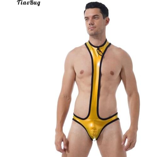 TiaoBug Sexy Men O Ring Patent Leather One-Piece Swimming Bodysuit Round Neck Bulge Pouch Open Butt Leotard Bikini Jumpsuit
