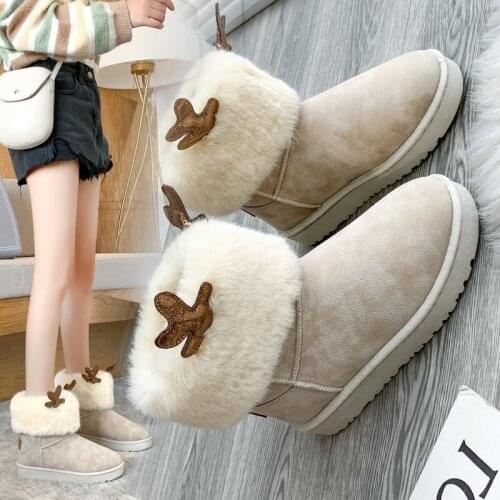 2020 Winter Trend Snow Boots Womens Cute Antlers Casual Leisure All-match Medium Tube Flat-heeled Wool Warm Cotton Shoes