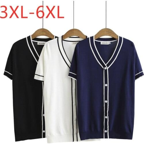 New 2021 Ladies Summer Plus Size Knit Tops For Women Large Short Sleeve Slim Elastic Button Blue V-neck Shirt 3XL 4XL 5XL 6XL
