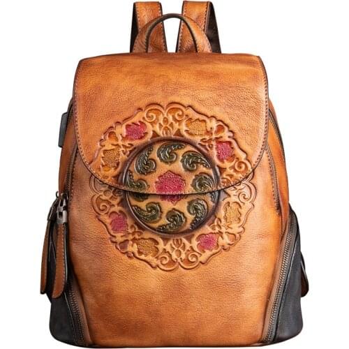 Women New Handmade Embossed Vintage Bag China Style Backpack Ladies Fashion Backpack Retro Genuine Leather Backpacks for
