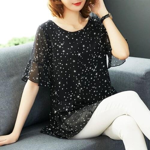 Women Spring Summer Style Chiffon Blouses Shirts Lady Casual Short Flare Sleeve Star Printed Chiffon Blusas Tops ZZ0559