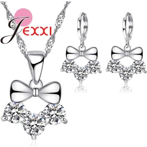 Women Girls Christmas Gift Elegant Bowknot Link Up Clear Zircon Pretty Silver Necklace Pendant Earrings Set Hot Sale