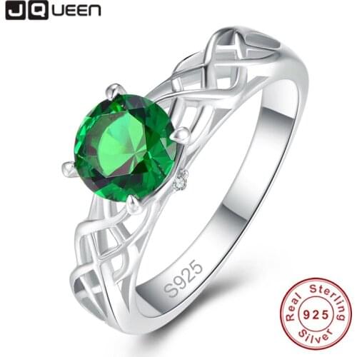 JQueen Lady Rings Round White CZ Created Emeral Cutout S925 Sterling Silver Ring for Women Party Engagement Jewelry