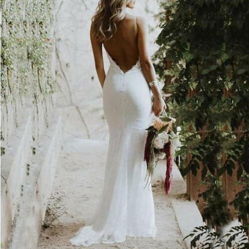 Elegant White Wedding Dresses Sexy Lace Mermaid Open Back Bridal Gowns Spaghetti Straps Deep V Neck Floor Length Robe Country