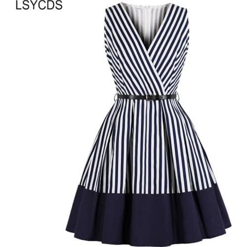 LSYCDS 2020 Summer Women Dresses V-Neck Wrap Sleeveless Belted Pocket Side Color Block Vintage Party Pleated Striped Dress