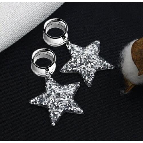 2pcs Stainless Steel Earrings Ear Plugs Tunnels Ear Expansions Ear Reamer Ear Dilations Bling Stars Dangle Ear Gauges Piercing