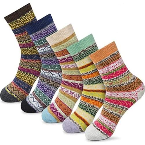 5 Pairs Women Men Casual Winter Warm Thick Wool Vintage Colorful Knit Soft Socks Winter Ski Fitness Sport Massager Socks