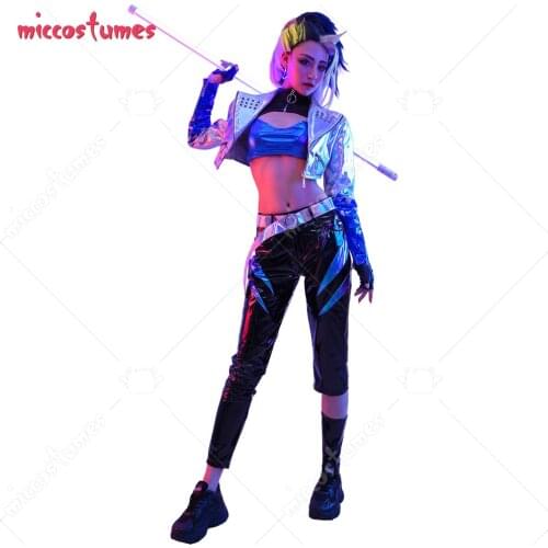 Akali K/DA ALL OUT Idol Gradient Mixed Silver Color Shiny Symphony Laser Reflective Splicing Leather Cosplay Costume Full Set