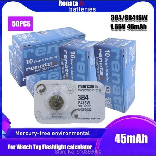50PCS Renata Watch Battery 1.55V 384 SR41SW Silver oxide Button Coin Cell Batteries MADE IN Swiss