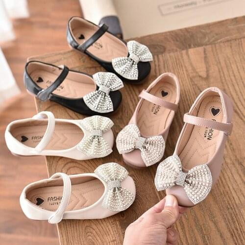 Flower Children Girls Party And Wedding Pearls Beading Shoes For Kids Girls Bow Princess School Dance Shoes SPring New 2020