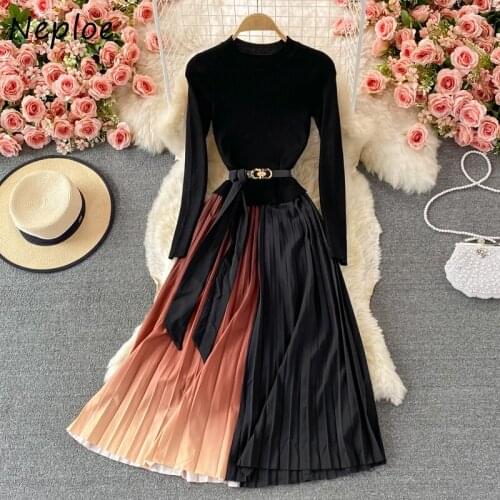 Neploe Temperament Ladies Slim Waist Vestidos De Mujer 2021 Autumn Fake Two-piece Knitted Dress Women Stand Collar Pleated Robe