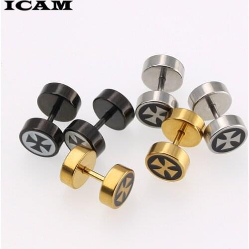ICAM 1 Pair Round Iron Cross Titanium Stud Earrings Punk Barbell Dumbbell Double Sided Piercing Earrings for woman men free ship