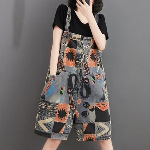 Summer Vintage Printed Denim Playsuits Women Sleeveless Jeans Overalls Rompers Female Loose Wide Leg Jumpsuit Short Plus Size