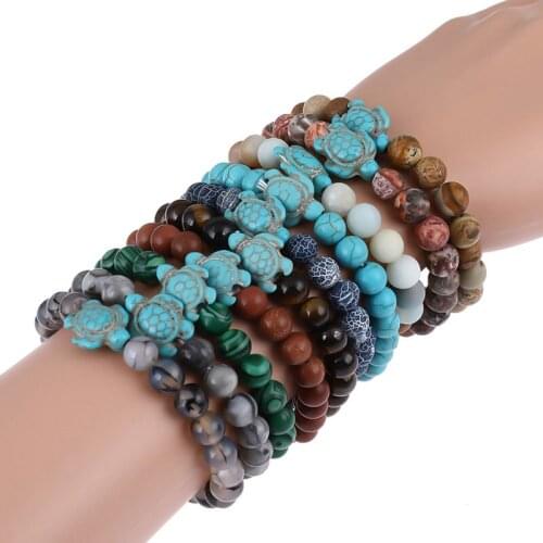 Summer Style Sea Turtle Beads Bracelets For Women Men Classic 14 colors Natural Stone Elastic Friendship Bracelet Beach Jewelry