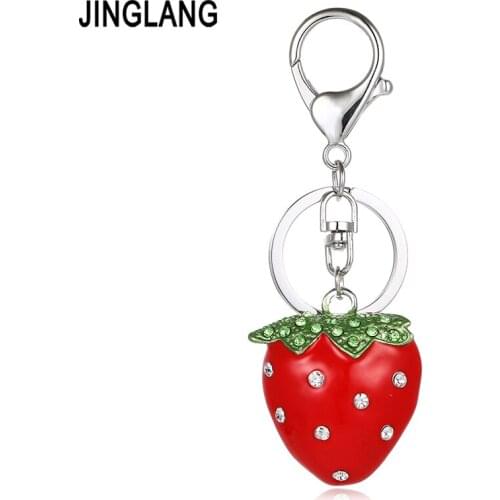 JINGLANG Silver Color Metal Keyring Dangle 3D Green Crystal Strawberry Fruits Charm Key Chains For Women Bag Pendant Jewelry