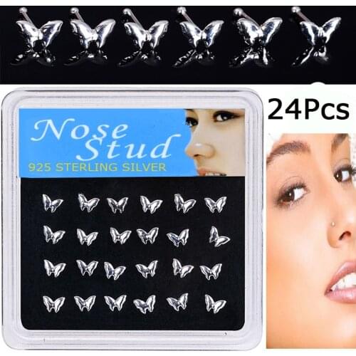 WALERV 24Pieces/Box Fashion Nose Stud Butterfly Shape Body Nose Piercing For Women Nose Ring Nail Ball End Gift