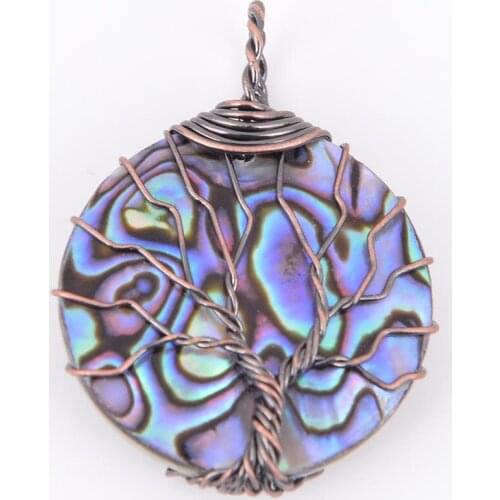 Natural Stone Round Abalone Shell Pendant Copper Line Wrapped Tree of Life Necklace for Women Healing Jewelry Copper Hook D529