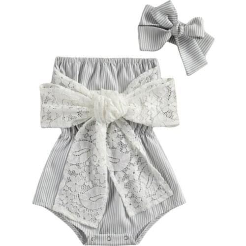 Newest 2Pcs Baby Summer Outfits, Striped Strapless Romper with Lace Bowknot + Hairband Suit for Toddler Girls, 0-24 Months