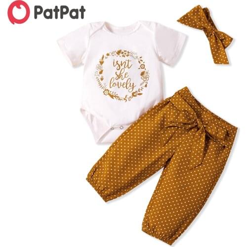 PatPat Spring and Autumn 3-piece Baby Girl ISN'T SHE LOVELY Print Bodysuit and Polka Dots Bow Pants with Headband Sets