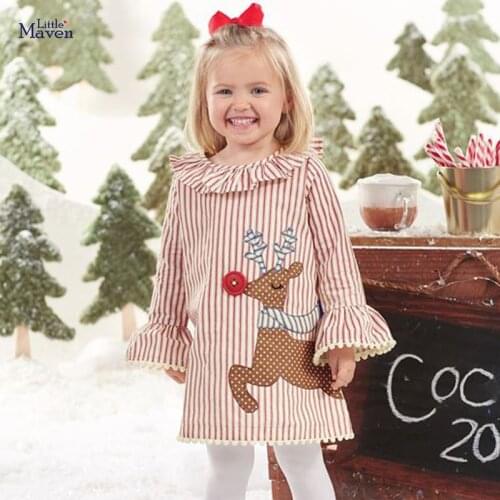 Frocks for Baby Girls Brand Autumn Clothes Cotton Striped Deer Applique Toddler Peter Fan Collar Dress for Kids 2-7 Years