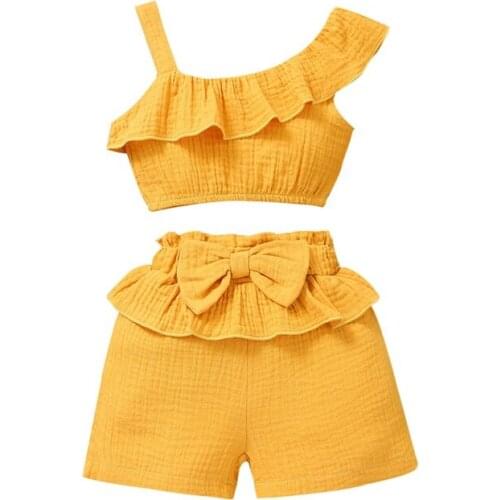 Girls Casual Two-piece Clothes Set, Solid Color Off-the-shoulder Sleeveless Tops and Shorts, Ginger/ Pink/ Blue