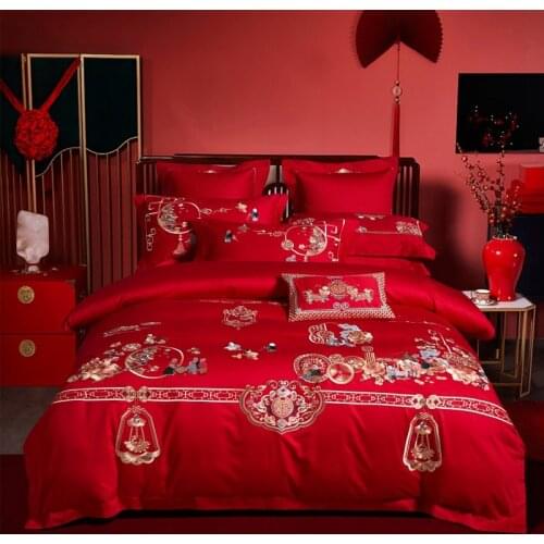 Luxury Red Chinese Style Classical Embroidery Wedding Egyptian Cotton Bedding Set Duvet Cover Bed Sheet Bedspread Pillowcases