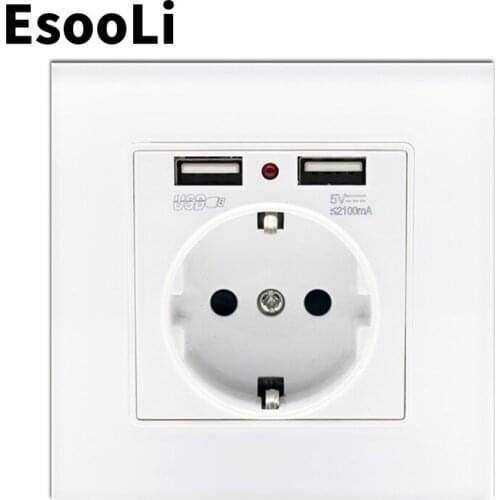 EsooLi White USB Wall Socket EU Power Outlet White Crystal Glass Panel Dual USB Charging Port 2.1A 16A Russia Spain