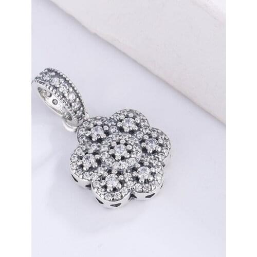 For Pandora 925 Sterling Silver White Inlaid Zircon Flower Charm Bracelet Pendant Elegant Lady Necklace DIY Jewelry