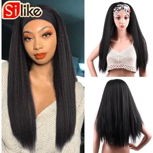 Silike Headband Wig Synthetic Kinky Straight Wigs 24Inch Chic Style Yaki Straight Hair Headband Wig With Pre-attached Scarf